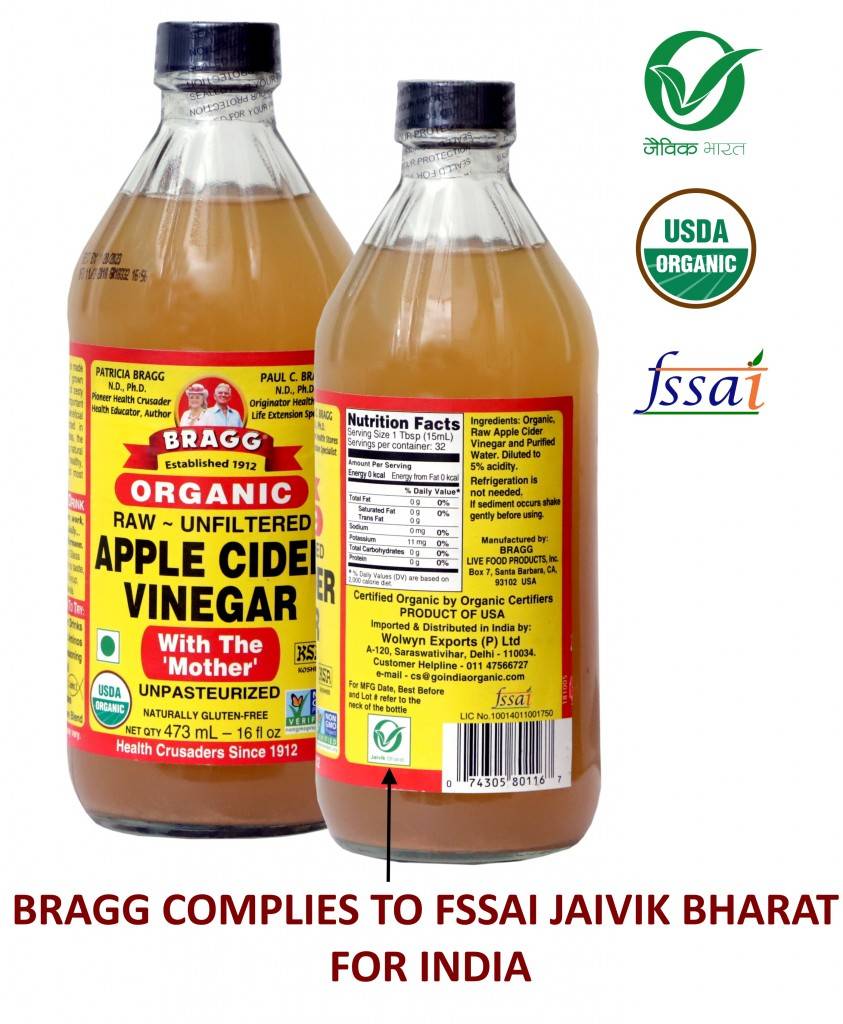 BRAGG ORGANIC APPLE CIDER VINEGAR COMPLIES TO FSSAI JAIVAIK BHART FOR INDIA